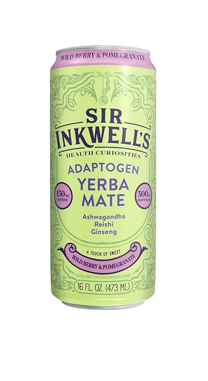 SIR INKWELLS Adaptogen Yerba Mate Tea | Healthful Energy + Productivity 150 mg Organic Caffeine | 300mg Ashwagandha Reishi Ginseng |Non-GMO Certified | Wild Berry & Pomegranate 16oz 12pk