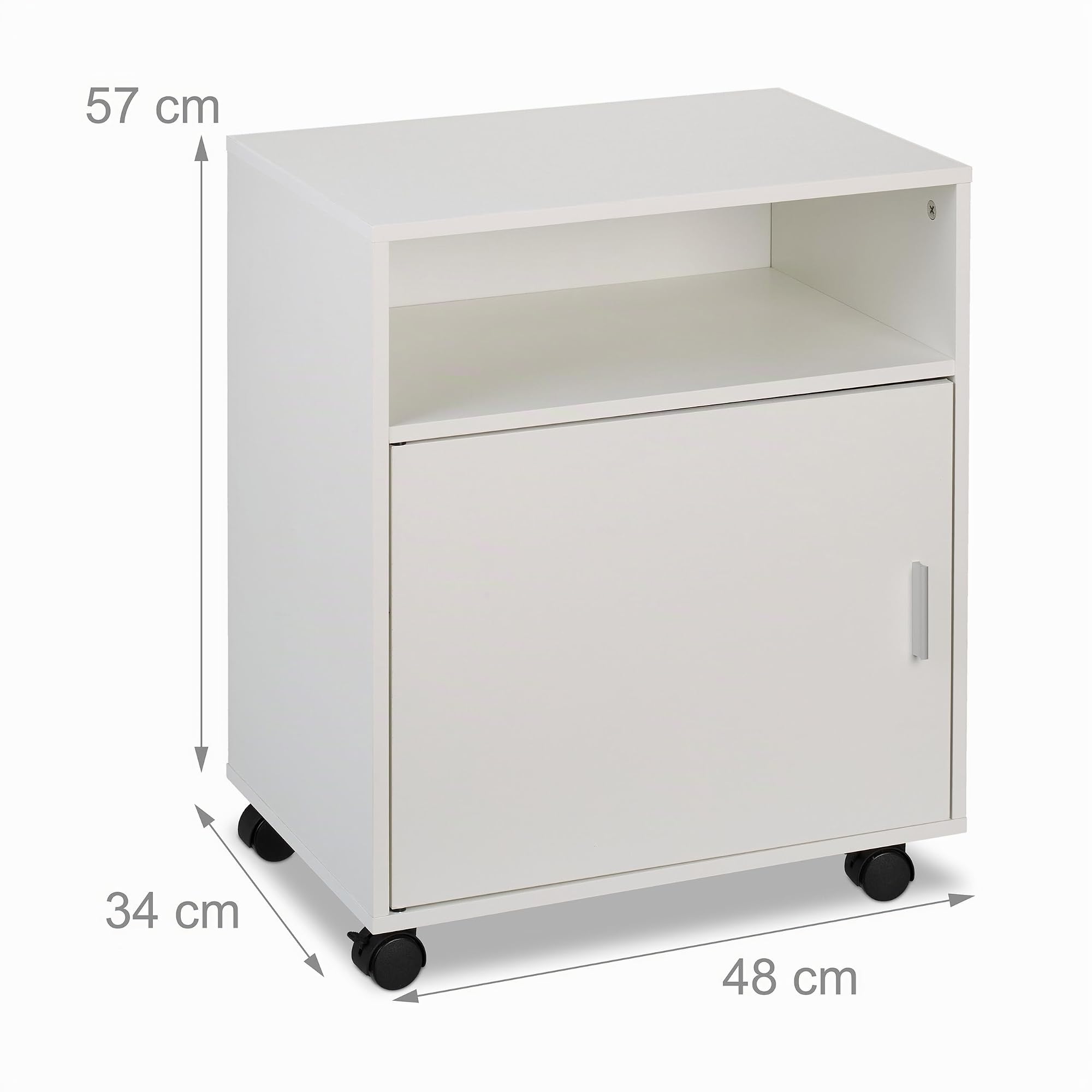 Relaxdays Carrello Porta Stampante, con 3 Scomparti e Anta, Mobiletto con Ruote per Ufficio, HxLxP: 57x48x34 cm, Bianco