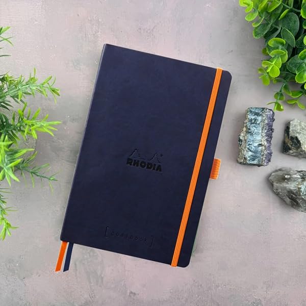 RHODIA 117808C - Carnet Souple Goalbook Bleu Nuit - A5 14,8 x 21 cm - Pointillés Dot - 240 pages - Papier Clairefontaine Ivoire 90 g/m² - 2 Rubans, Fermeture Élastique - Simili Cuir - 2