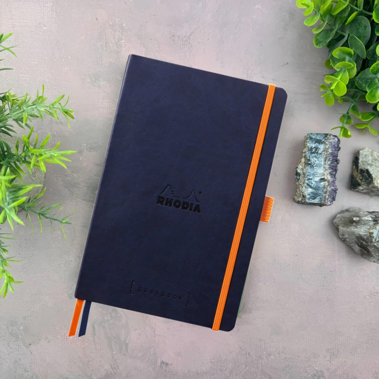 Rhodia 117808C - Midnight Blue Bullet Journal Goalbook Flexible Notebook - A5 - Dotted Dot - 240 pages - 90g Ivory Clairefontaine Paper - 2 Ribbons, Elastic Closure - Faux Leather Cover