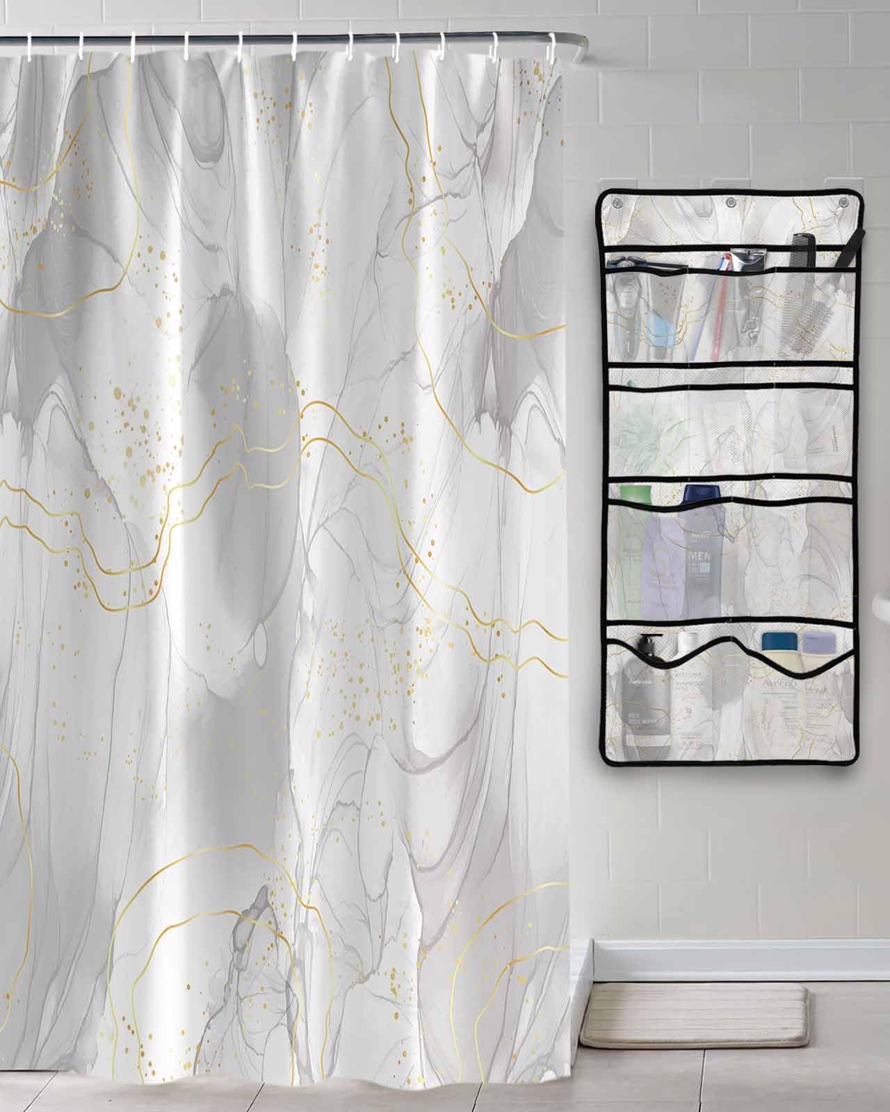 Shower Curtain Mesh Shower Organizer Hanging Set Abstract White and Gray Marble with Golden Line Waterproof Shower Curtains