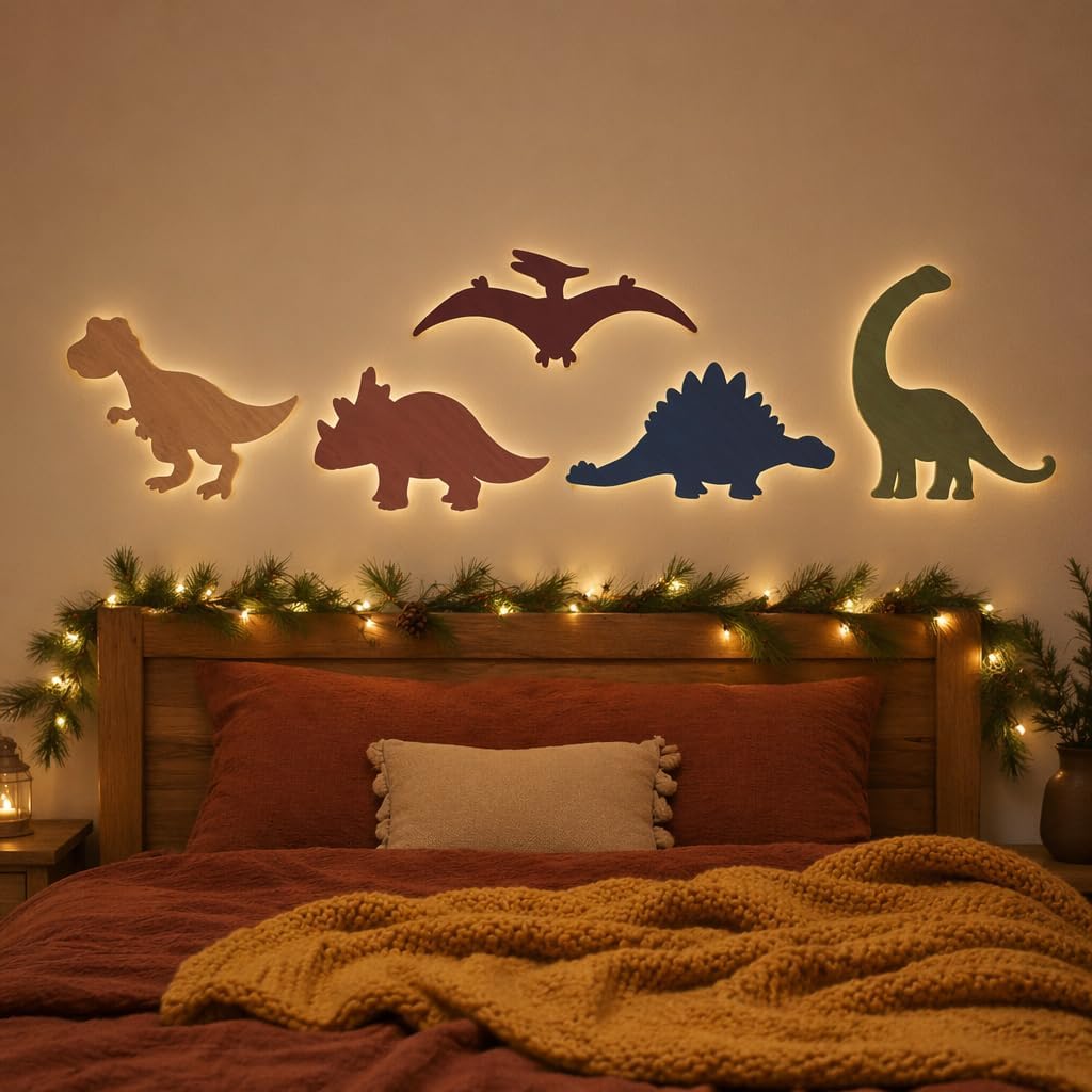 5 PCS Dinosaur Wall Decor, Wooden Dinosaur Wall Art Sculptures for Kids Room Playroom Nursery Classroom, Retro Rustic Wood Dino Decorations for Boys and Girls