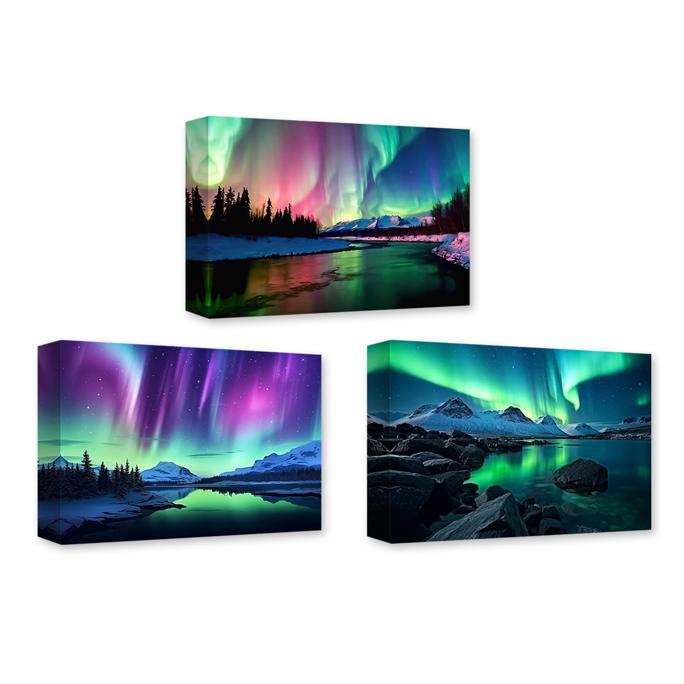 CCWACPP Aurora Borealis Canvas Wall Art 3 Panels Northern Lights Wall Decor Forest Lakes Snow Mountain Pictures Print Decor Frame (Aurora Borealis - 3