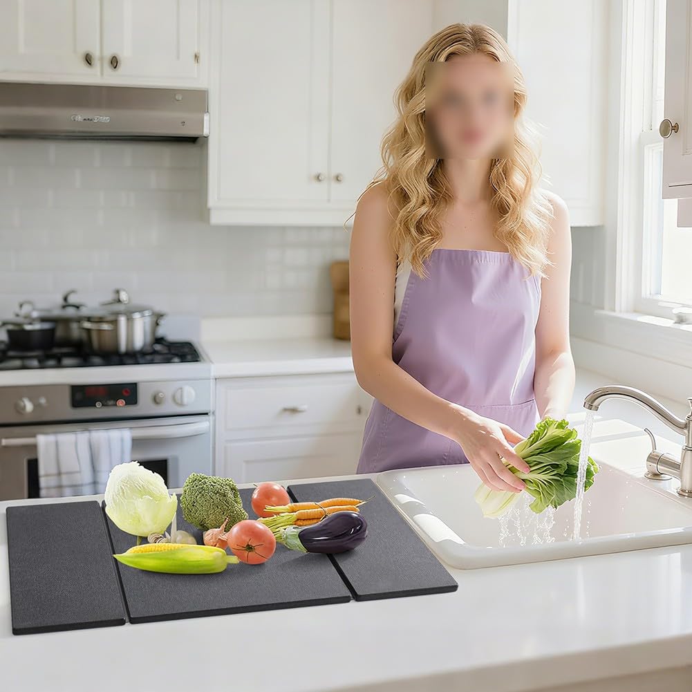 Tapis de sol en pierre à séchage rapide pour comptoir de cuisine - Tapis de séchage pliable en polyuréthane - 60 x 40 cm - Pour évier et vaisselle (gris clair) - Design antidérapant