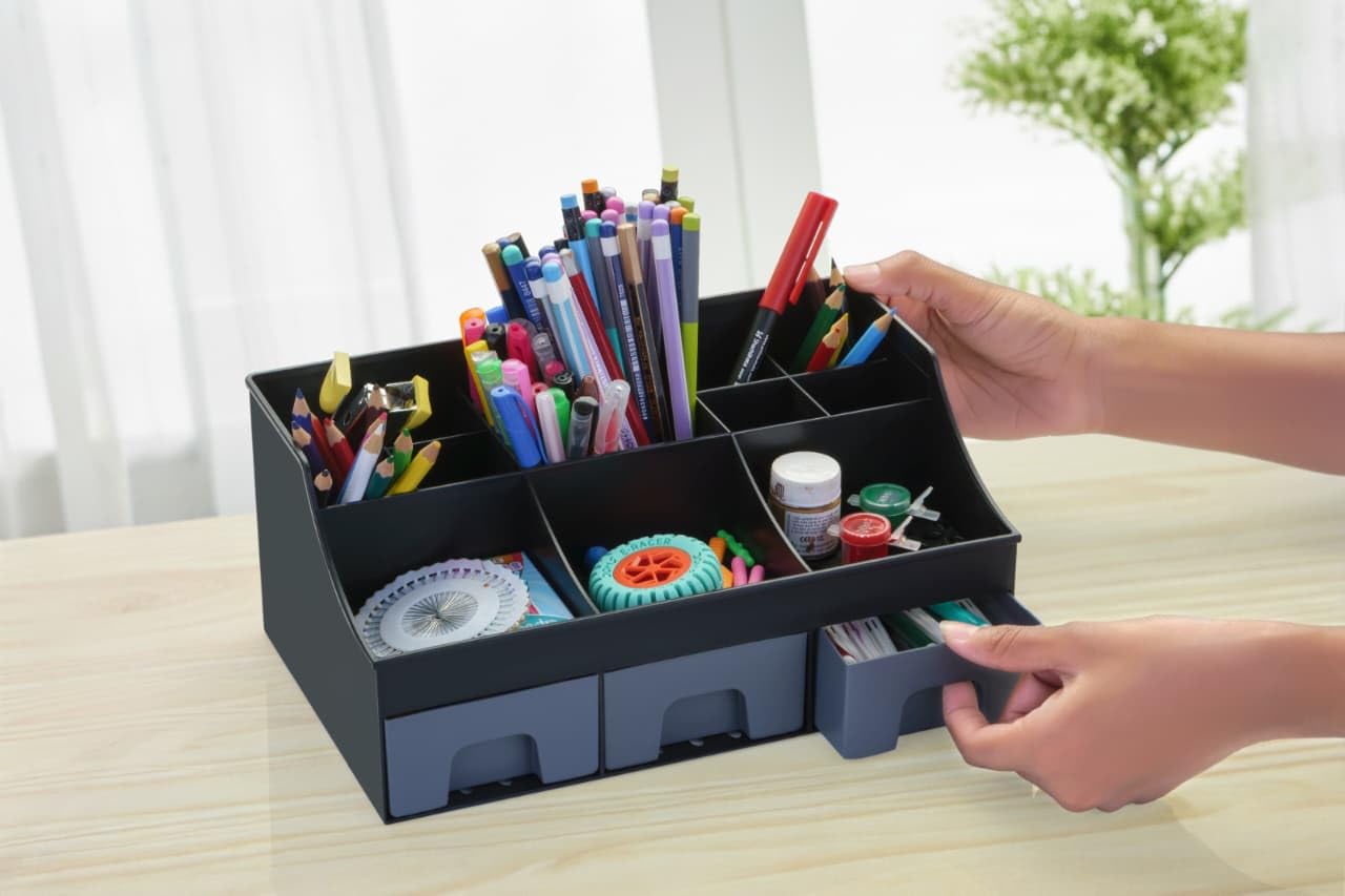 ABS Plastic Desk Organiser with Drawer,Multifunctional Desk Organizer,Customized Desk Organizer with Pencil Holders,Sticky Note,Paperclip StorageIOffice Table Stand for Home/Office (Black)