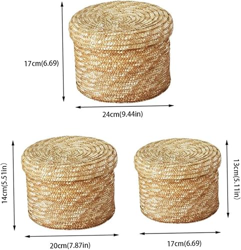 Miniatura 2 de KUYYFDS 3 cestas de almacenamiento de paja con tapa, organizador tejido, caja de almacenamiento de acabado redondo para dormitorio, sala de estar,