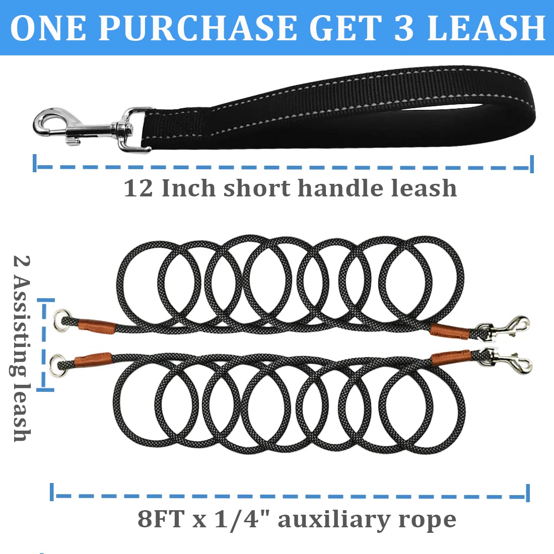 8FT Double Dog Leash, 1/4" Rope Leash for Two Small or Medium Dogs, Soft Handle 360 Swivel No Tangle Dual Dog Leash for 2 Dogs Walking
