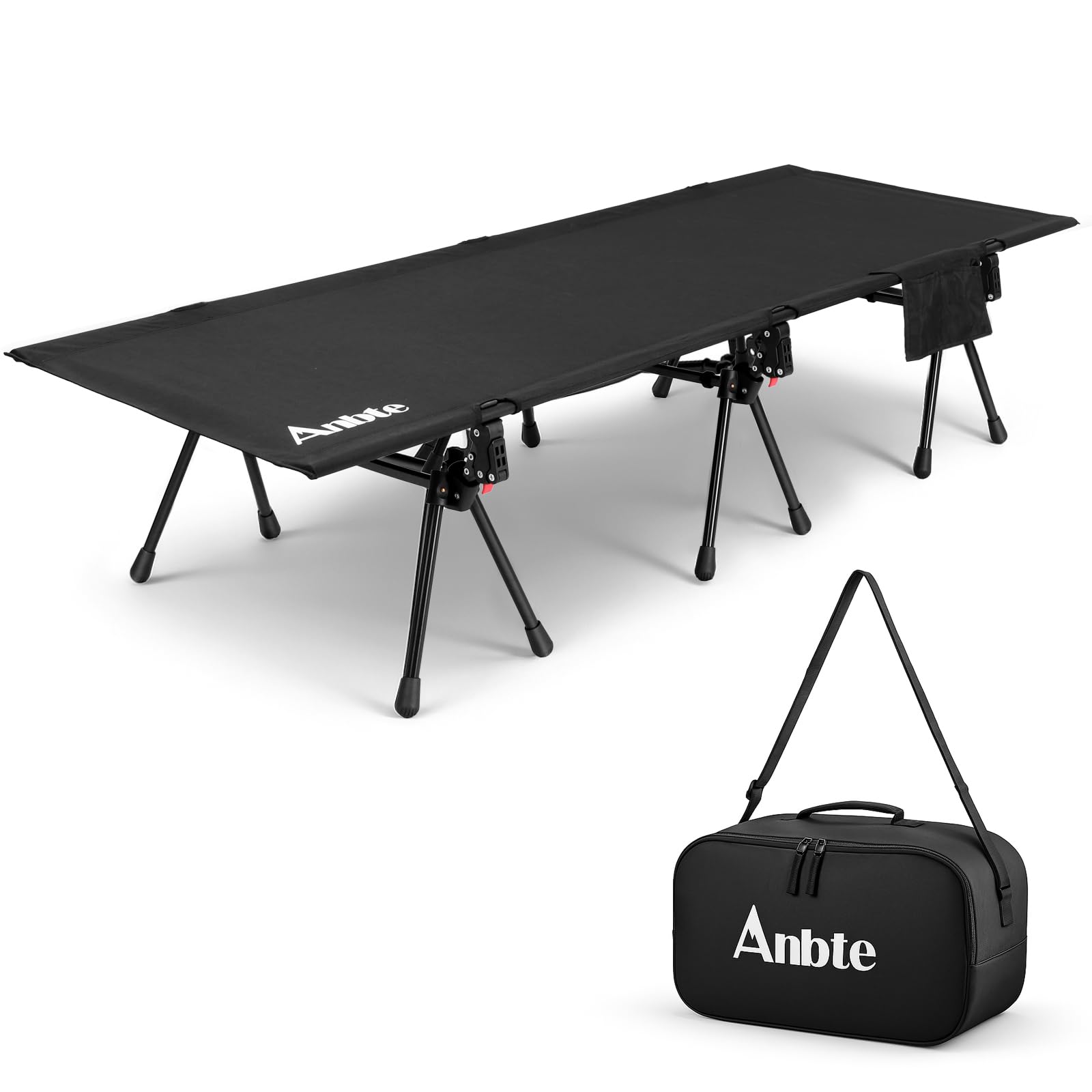 Anbte Cama de Camping Cuna de Acampada Ultraligera, Ajustable en Altura Soporta hasta 180KG, Cómoda Cama Plegable para Camping, Senderismo, Viajes, Camiones, Playa, Oficina, Negro