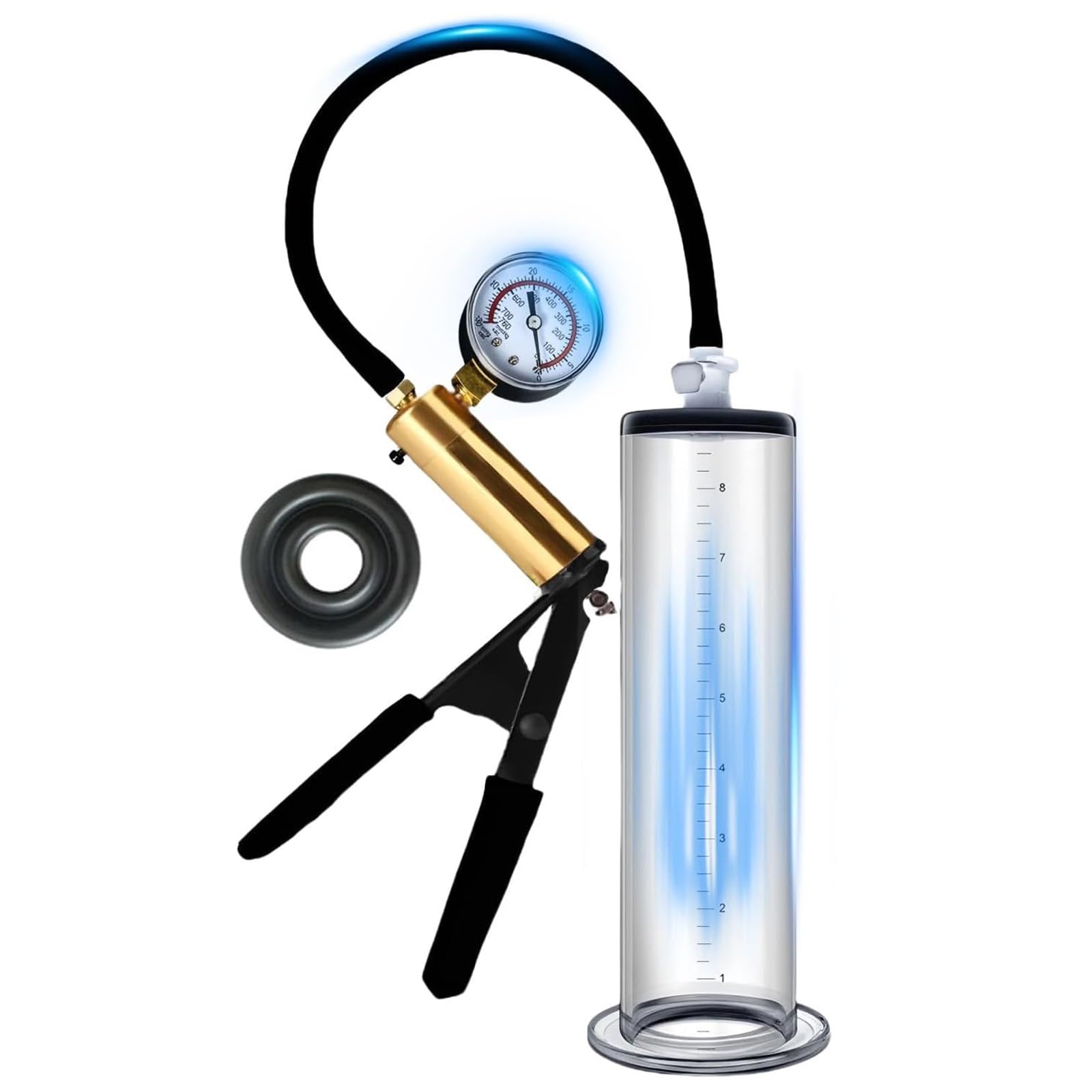 Bomba pene manual con manómetro y mango metálico juguetes sexuales para hombres bomba de vacío pene(2.0in/5.1cm)