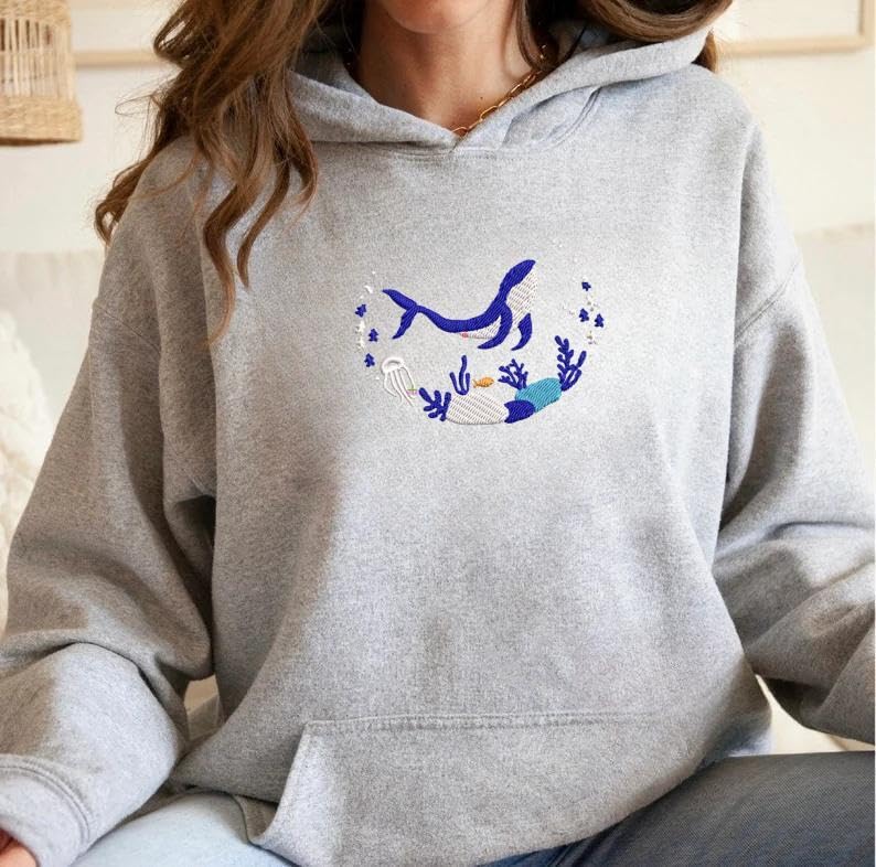Blue Ocean Whale Embroidered Sweatshirt,Whale Embroidery Crewneck, Nature Lover Gift,Unisex3