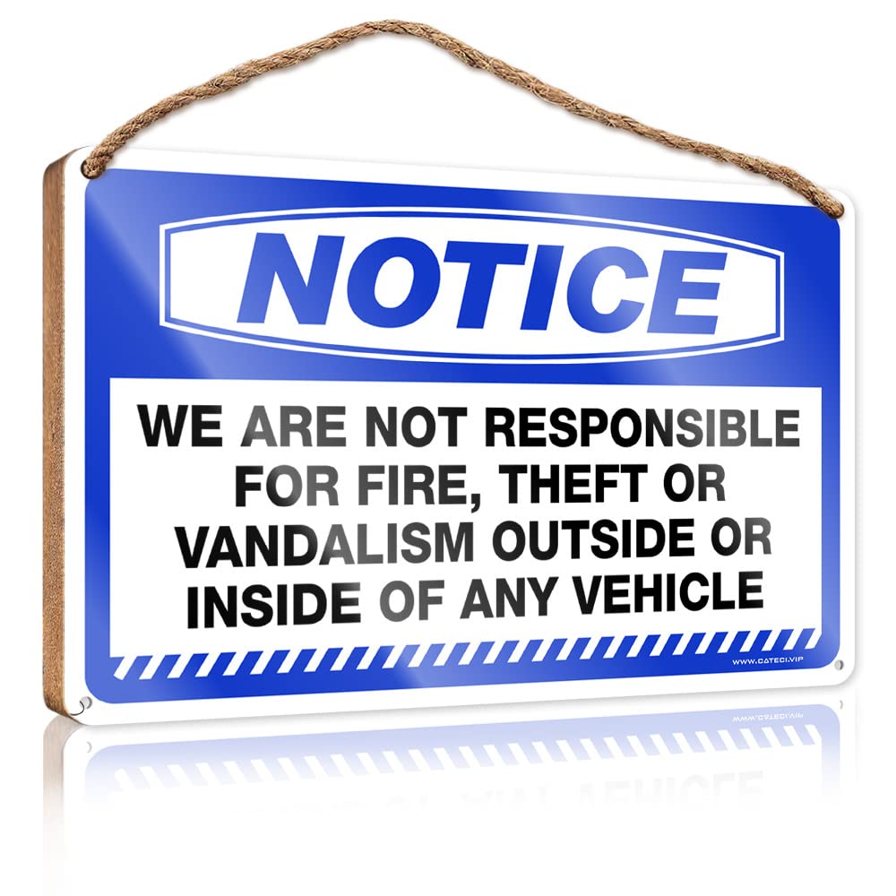 DTHA Funny Bar Signs Notice We Are Not Responsible For Fire, Theft Or Vandalism Outside Or Inside Of Any Vehicle Wooden Sign Wood Bathroom Hanging Sign Outdoor Signs And Decor