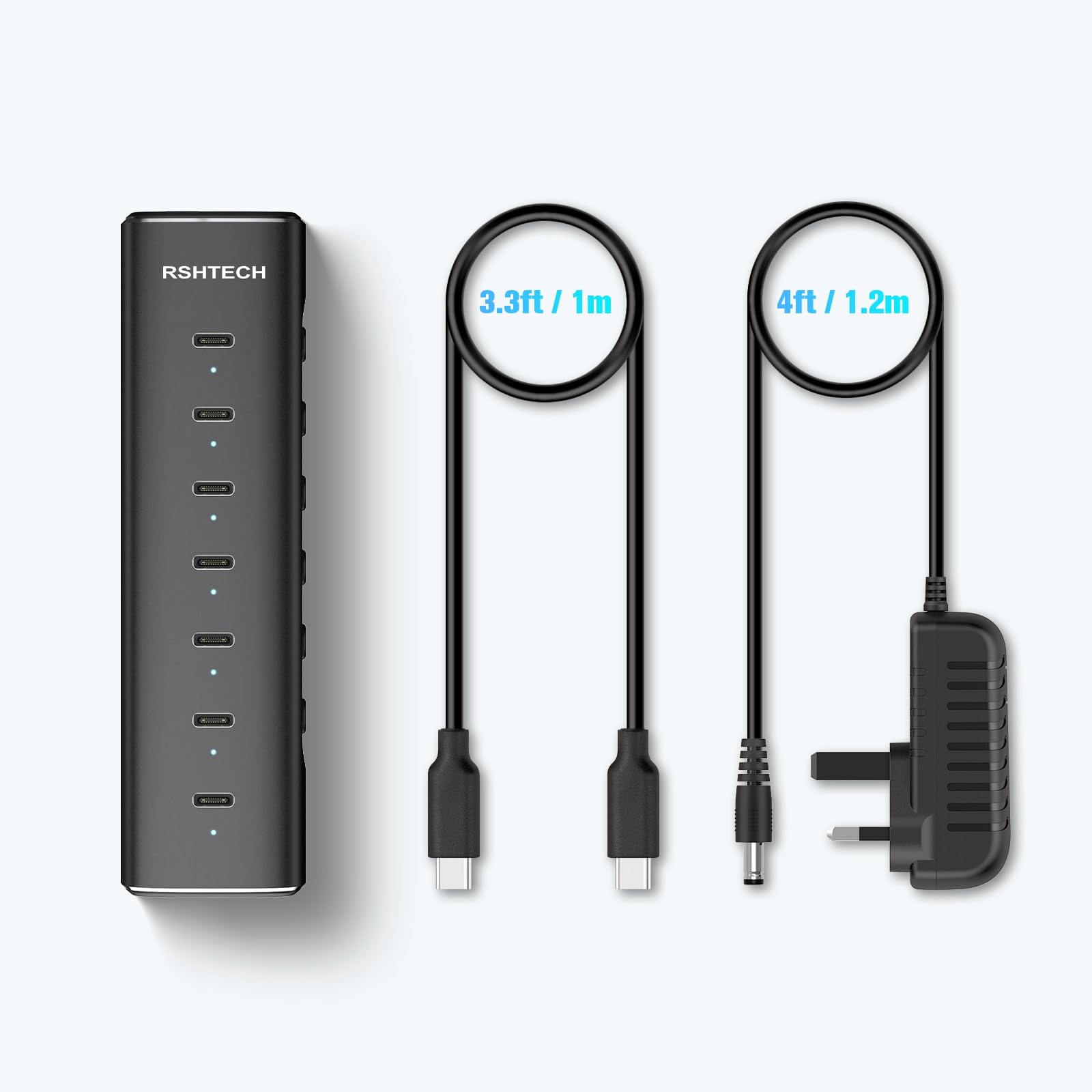 RSHTECH Hub USB C Alimentato, Hub USB 3.2 a 7 Porte in Alluminio con Alimentatore 36W 12V/3A e Cavo 1m per Notebook/PC Desktop Dotati di Porte USB-C e Thunderbolt, RSH-H7C