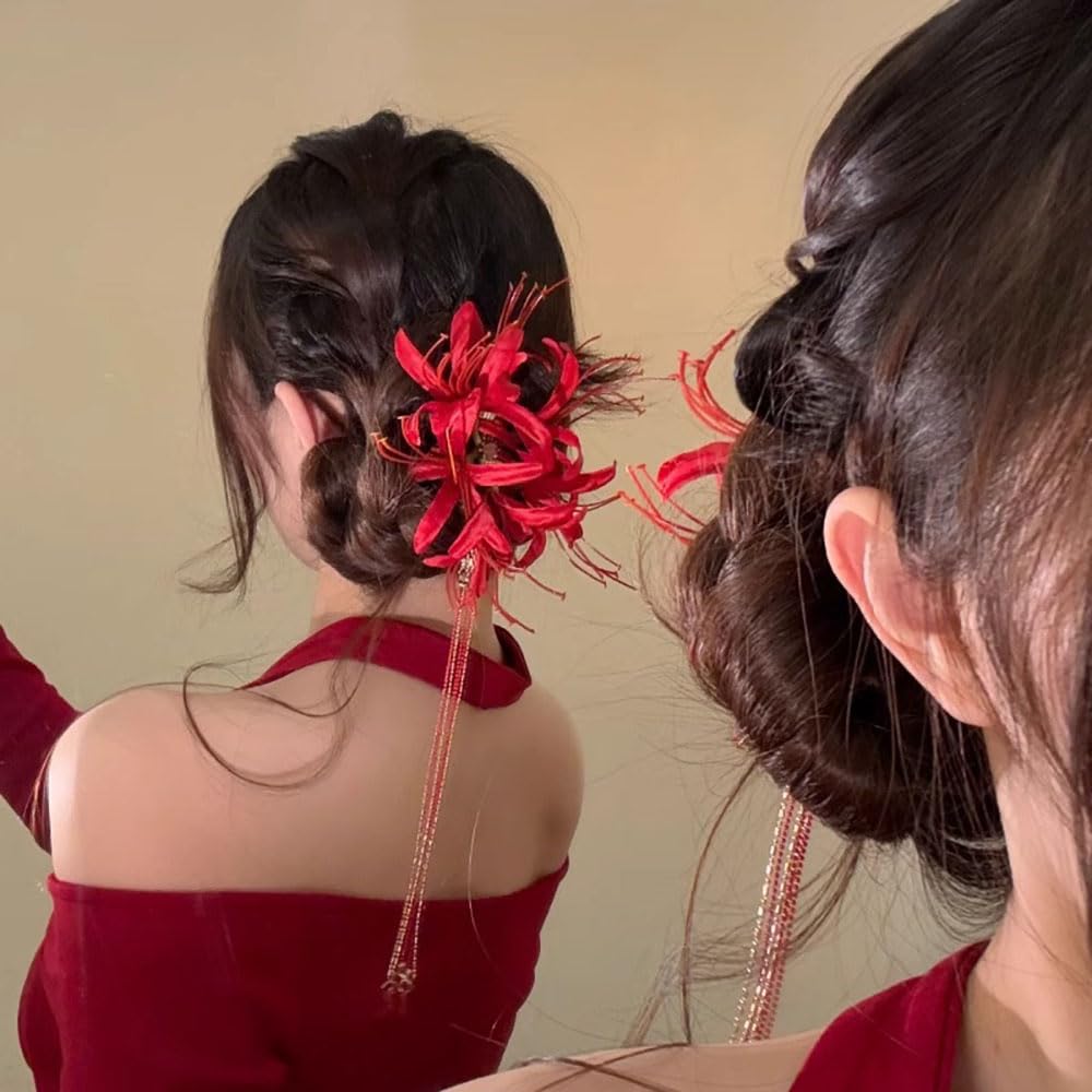 Red Spider Lily Flower Hair Clips for Women Tassel Flower Clips for Hair Accessories Lycoris Radiata Floral Hairclip Duckbill Clip Cute Decorative Barrettes for Women Side Hairclips