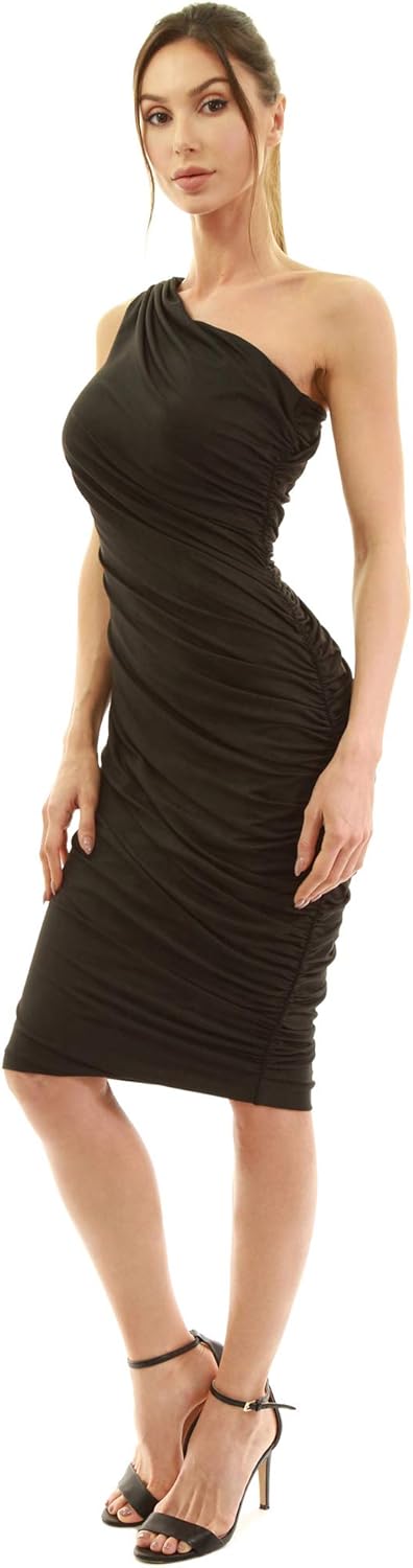 AmélieBoutik Women Sexy One Shoulder Sleeveless Bodycon Ruched Party Wedding Cocktail Dress - Image 4