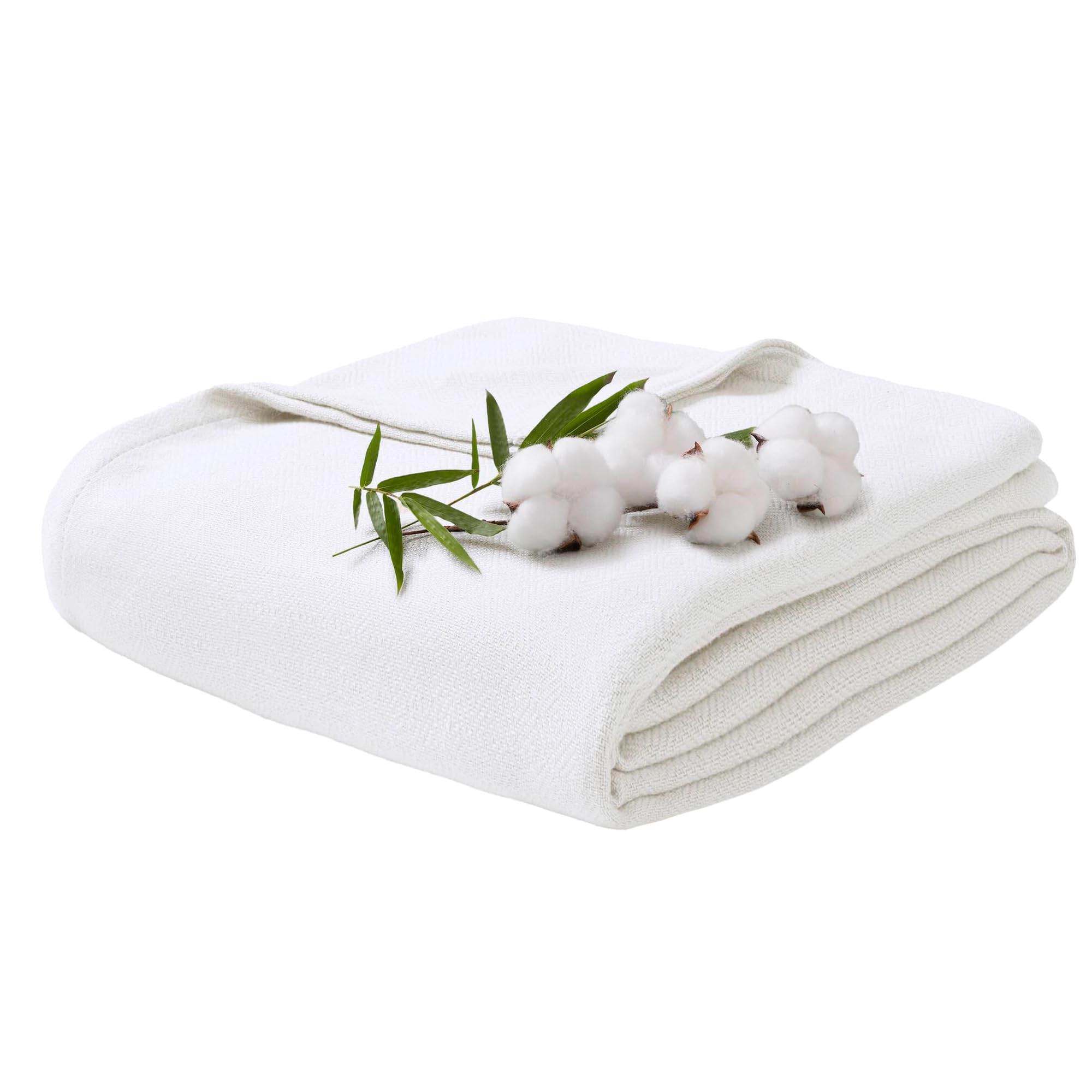 Twin Size Blanket, 70% Rayon (Derived from Bamboo) and 30% Cotton, Lightweight Jacquard Weave, Breathable and Soft Summer Blanket for Bed or Couch, 66” x 90”, White