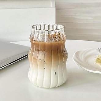 Vintage Ribbed Glassware Water Tumbler, 18 oz Aesthetic Ripple Glass Tumbler, Ripple Glassware Coffee Cup, Cute Glass Tumbler for Iced Coffee Juice Drink Milk (big stripes-Small Mouth)