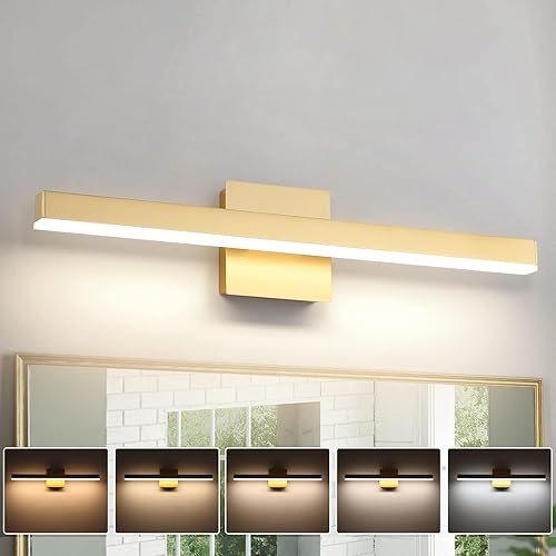 Joossnwell Luces de tocador doradas para baño, 24 pulgadas, regulables, 5CCT, modernas, accesorios de iluminación sobre espejo, apliques de pared