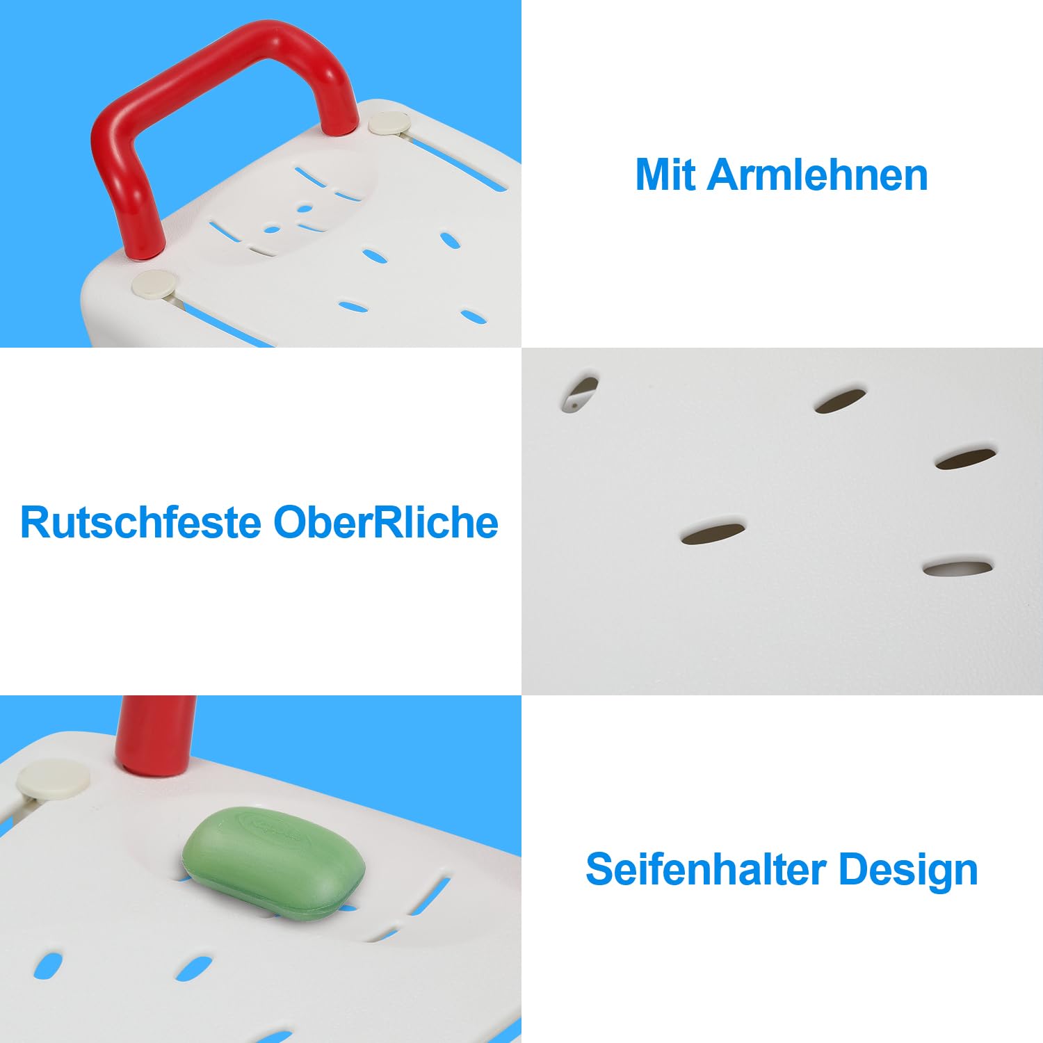 Randaco Siège de baignoire pour personnes âgées 70 cm 150 kg largeur 41-62 cm porte-savon poignée