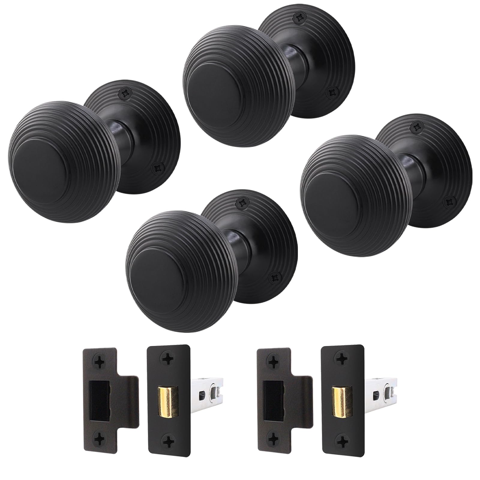 Eai Matt Black Beehive Reeded Black Door Knob Set | 2 Pairs Of Mortice Knobs (55Mm) & Latch (76Mm) For Internal Doors