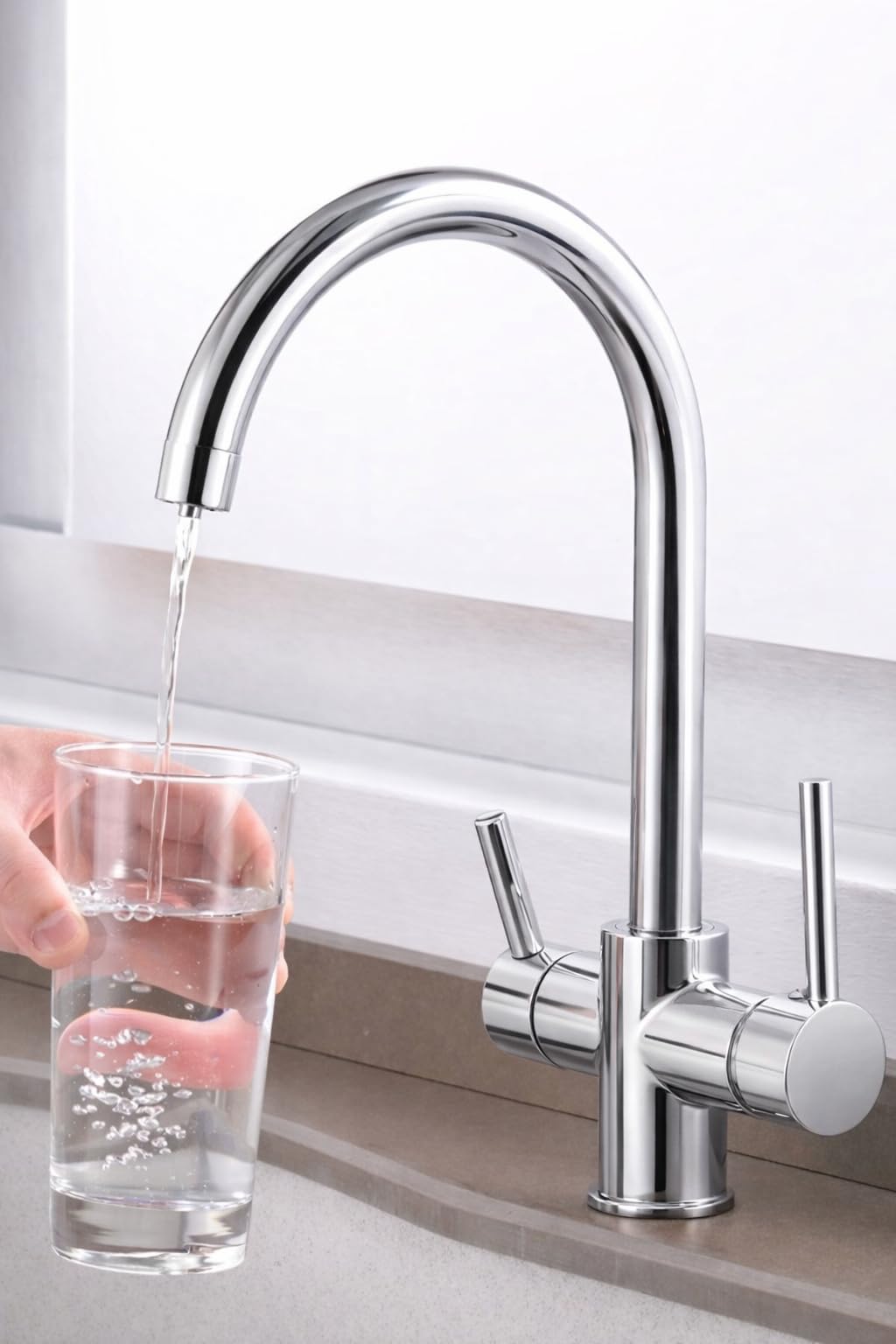 Ari 3-Wege Küchenarmatur Spültischarmatur Trinkwasser Wasserhahn Küche Chrom Schwenkbarer Auslauf Linko im Set mit Untertisch Wasserfilter Trinkwasserfilter System Flow Comfort D1