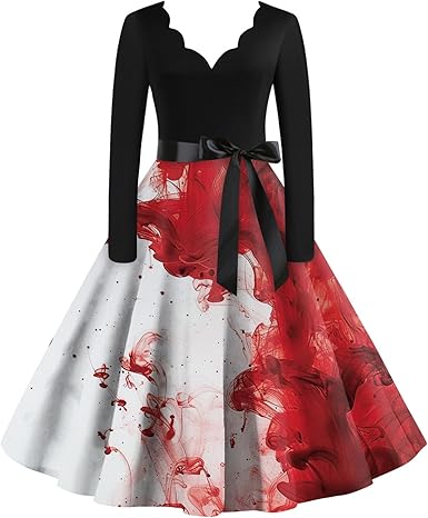 OIOLOYJM Sexy Plus Size Halloween Costumes Woman 2025 Long Sleeve V Neck Printed Gothic Retro Formal Party Dresses for Women
