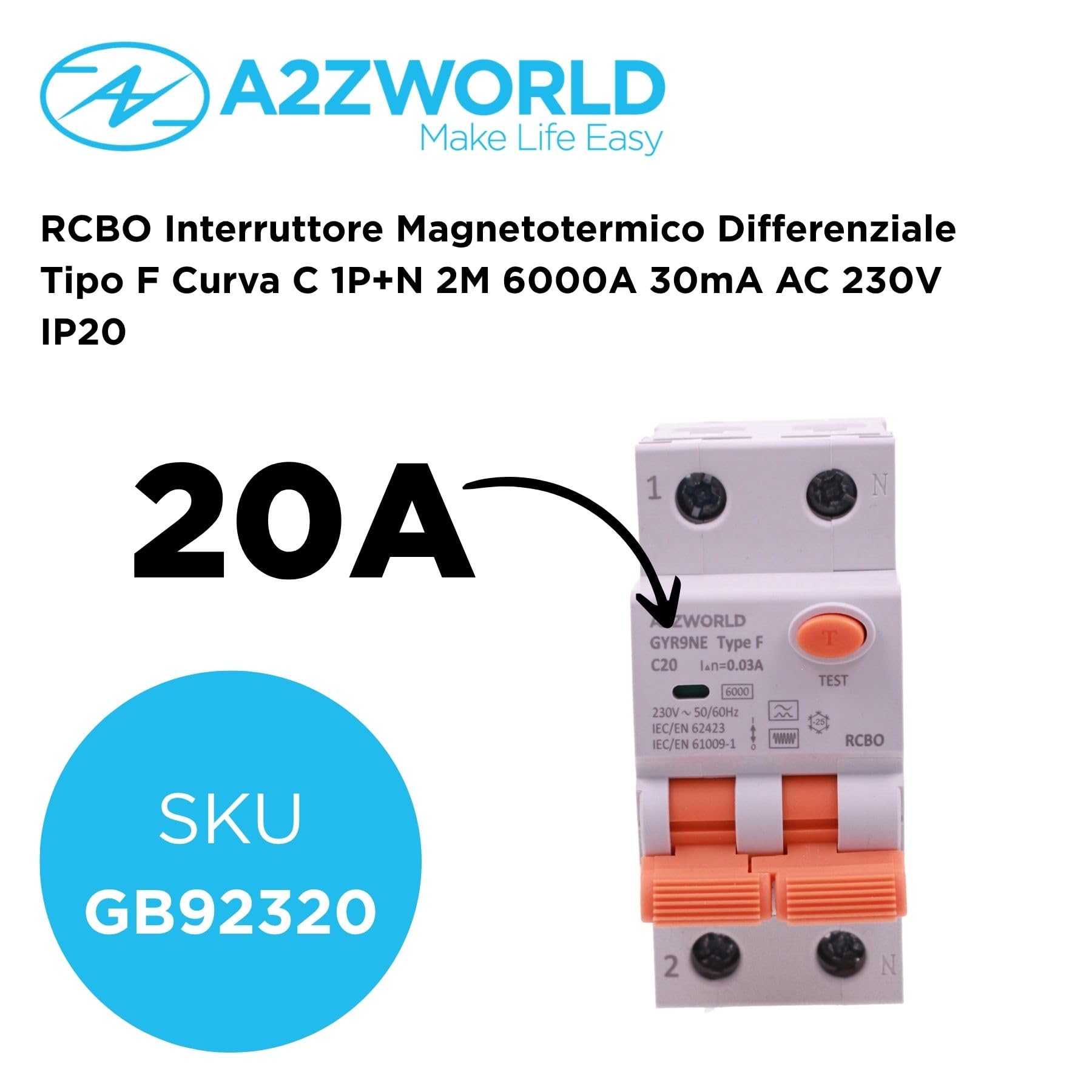 RCBO Typ F 20 A C20, Differentialschalter mit Leitungsschutzschalter Klasse F Kurve C, 1P+N 6 kA 30 mA, 2 Module 230 V AC, Doppelhebel, für moderne elektronische Geräte