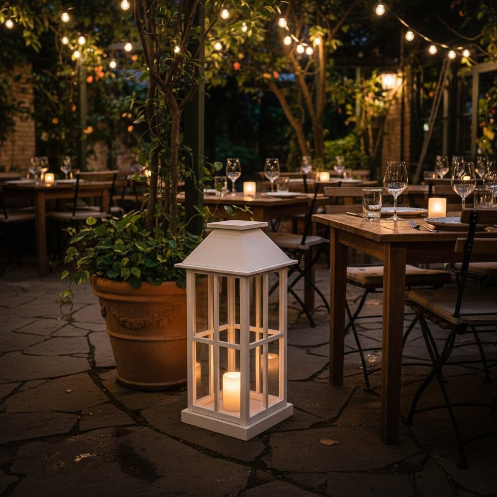 WEECO Farolillo grande de madera blanca de 74 cm – Elegante lámpara decorativa con plexiglás para salón, balcón, terraza y jardín