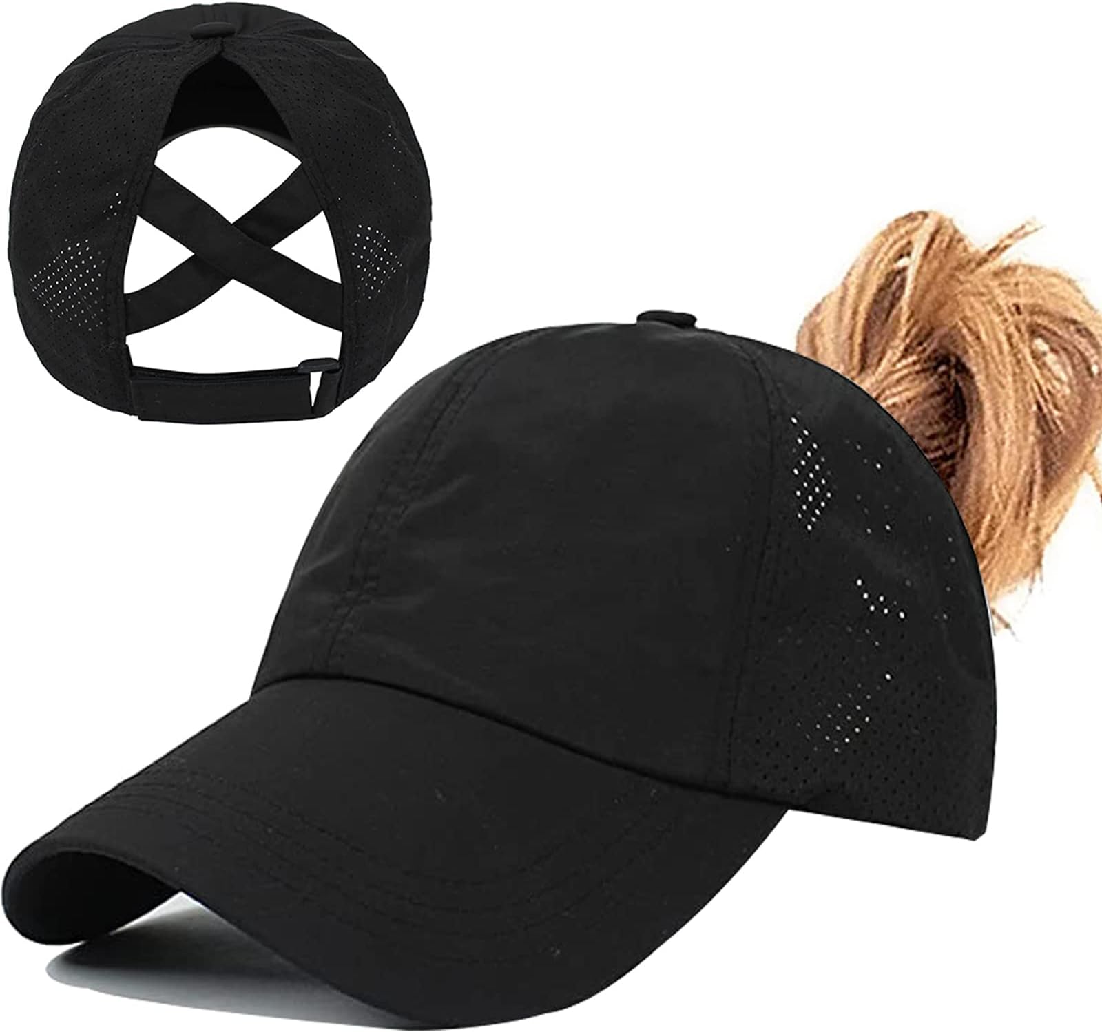 Women's Ponytail Baseball Cap, Adjustable Breathable Criss Cross Mesh Quick Drying Messy High Bun Ponycap Hat