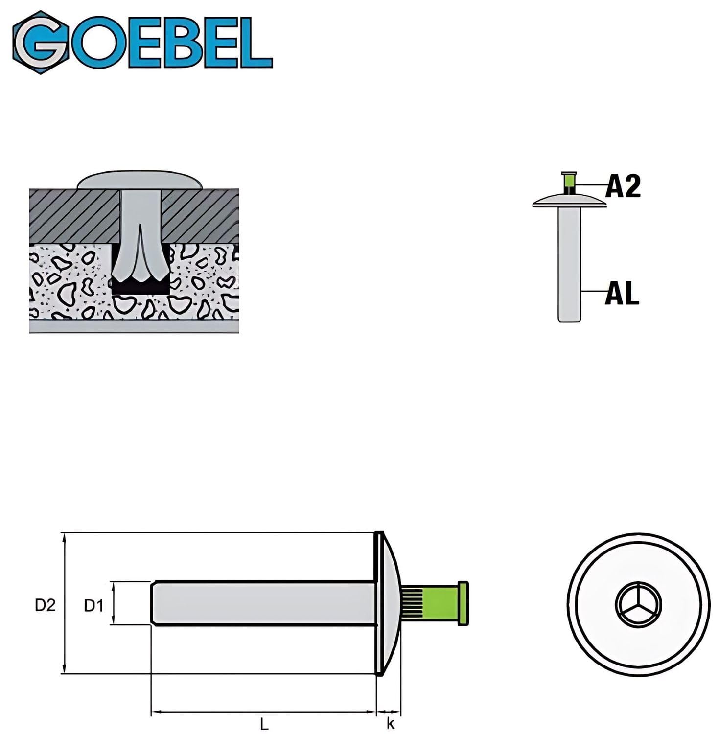 GOEBEL® - 250 remaches de aluminio y acero inoxidable A2 (V2A) (diámetro x longitud) 4,8 x 35,0 mm con cabeza plana - Remaches ciegos de martillo - Remaches de martillo - Remaches de martillo -