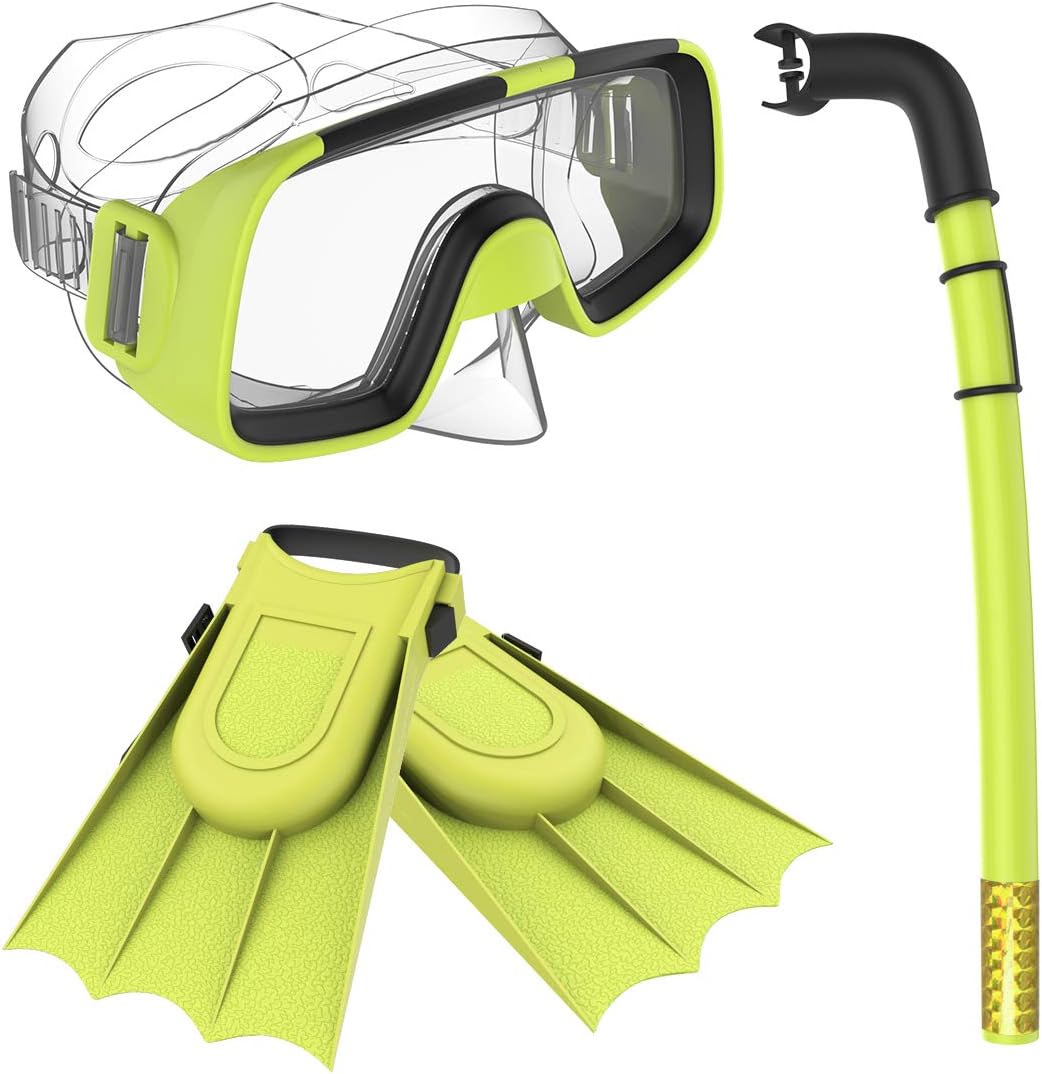 Children Kids Swimming Diving Snorkel Breathing Tube Fins Scuba Eyeglasses Set,Yellow