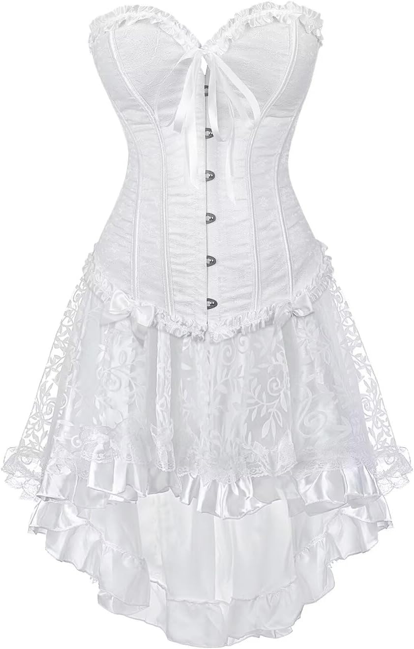Jutrisujo Corset Dress Top Skirt Set Plus Size Bustier Outfit Lingerie Lace up Gothic Medieval Women Bride Wedding