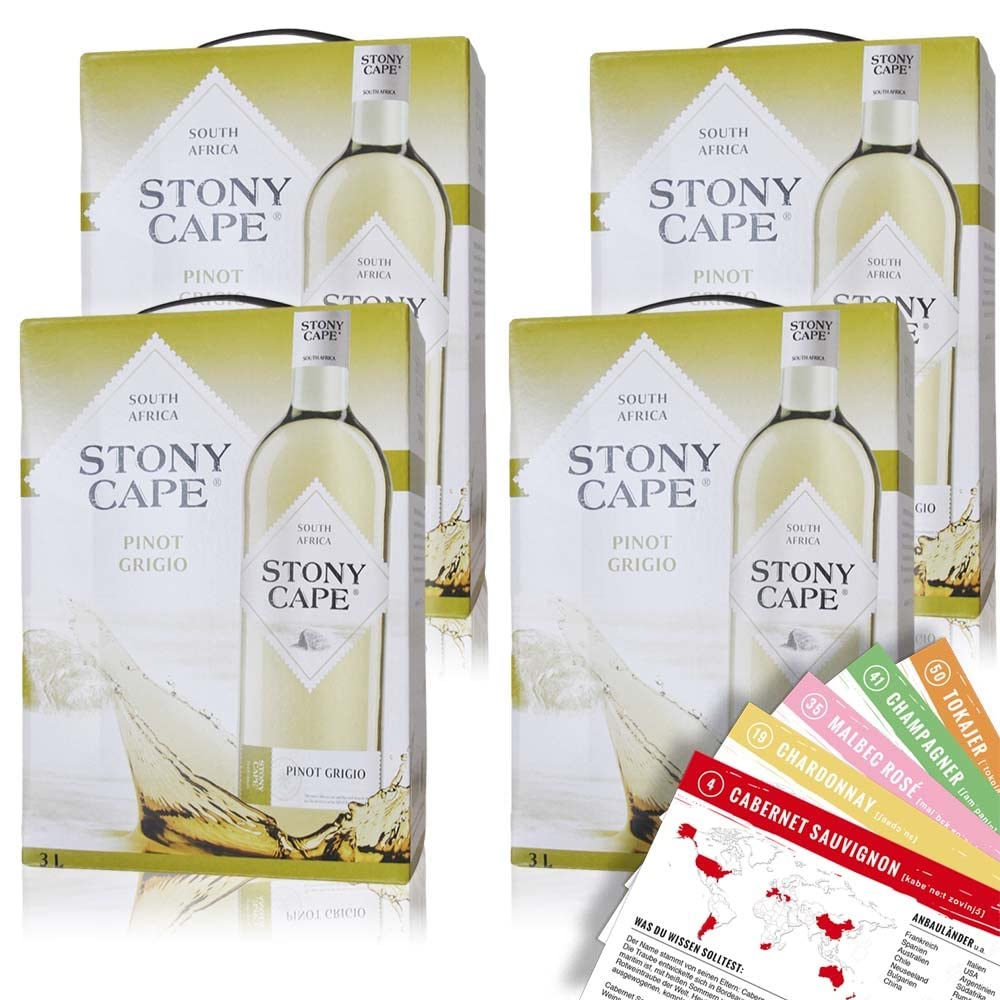 Stony Cape Pinot Grigio, trocken, Bag-in-Box, sortenreines Weinpaket + VINOX Winecards (4x3,0l)