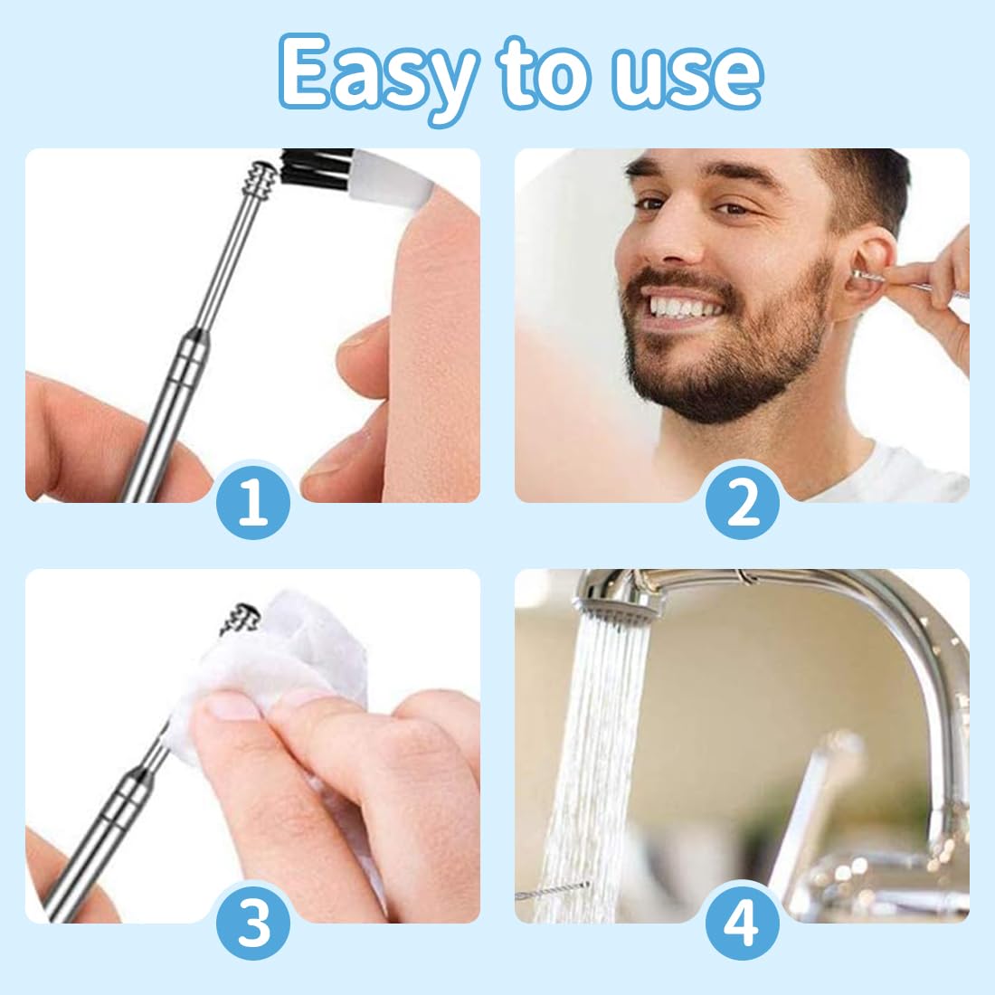 4 pcs Pulisci Orecchie Kit,e Pulisci Orecchie Spirale,Ear Wax Removal,Strumenti per Pulizia dell’Orecchio in Acciaio Inox