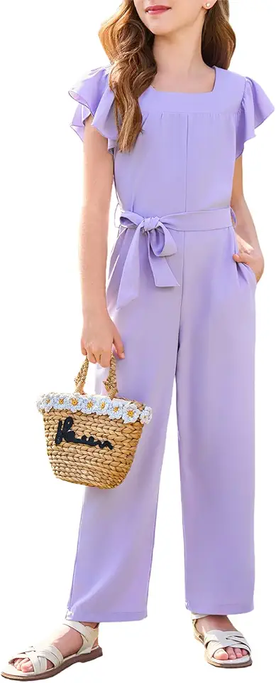 Haloumoning Girls Jumpsuit Kids Fashion Square Neck Ruffle Sleeve Belted Wide Leg Romper with Pockets