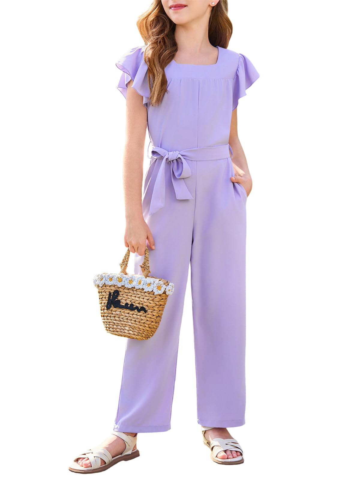 Haloumoning Girls Jumpsuit Kids Fashion Square Neck Ruffle Sleeve Belted Wide Leg Romper with Pockets