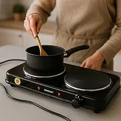 Fogão Elétrico de Indução, 2 Bocas, Preto, 220V, 2000W por Placa, Portátil, Controle de Temperatura Ajustável, Base Antiderrapante, Ideal para Apartamentos e Viagens