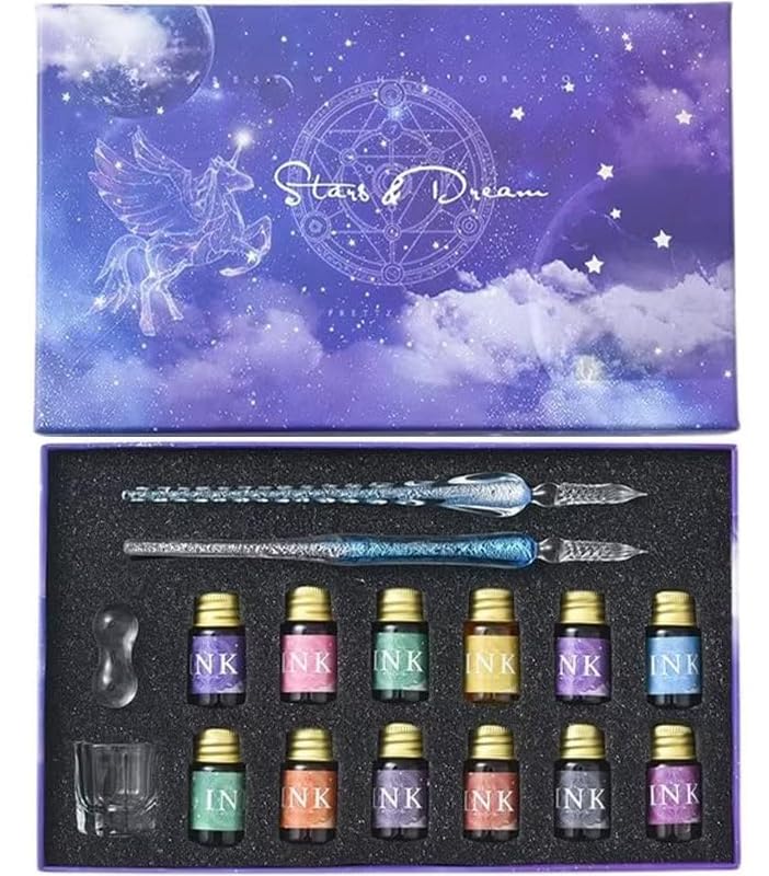 Ducale Glass Pen Set, 12 Ink Colors, 2 Pens, Sign Pen, Fountain Pen, With Box, Starry Sky, Rainbow, Signature Pen, Glass Dip Pen Ink Set, Gradient Light Blue GRS-LBL-SET : Office Products
