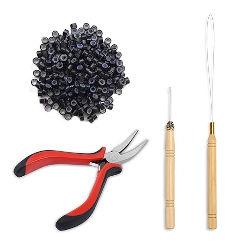 Kit de extensión de cabello, alicates para gancho de tracción, kit de herramientas de dispositivo de cuentas de aguja y 500 piezas de microanillos