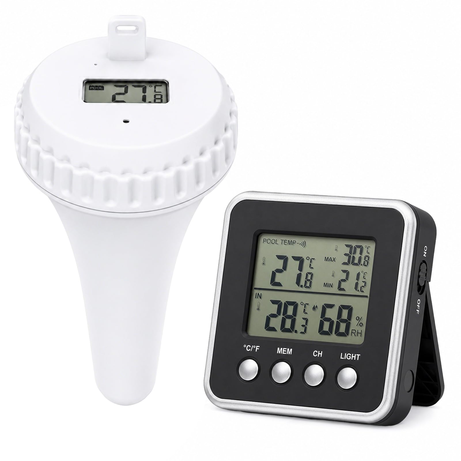 Termómetro de Piscina Inalámbrico con Alcance de 150 m – Sensor Flotante de Agua con Monitor Interior, Medición en Tiempo Real, IPX8 Impermeable para Piscina, Spa