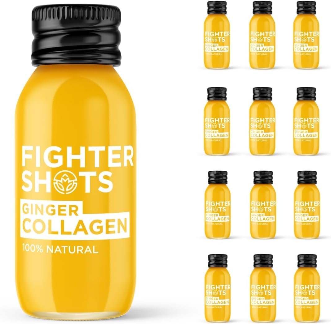 Fighter Shots Shots de collagène marin au gingembre (12 x 60 ml) | Peau et cheveux plus sains | 100 % naturels | Parfait matin/après l'entraînement | Sans conservateurs | Shots de gingembre frais et