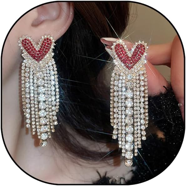 Rhinestone Heart Dangle Drop Earrings for Women Fashion Crystal Statement Long Tassl Earring Wedding Bridal Drop Dangle Jewelry