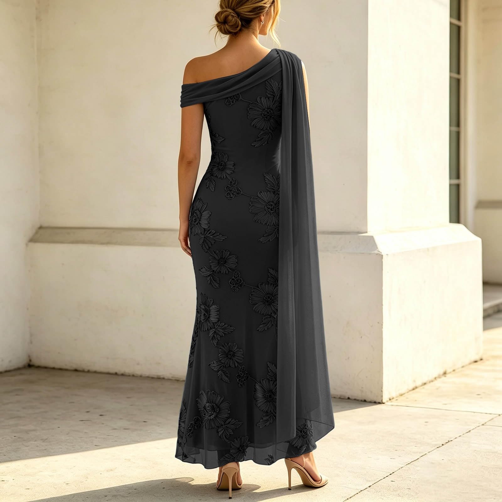 Vestido de verano para mujer, elegante, vestido de noche, asimétrico, encaje, gasa, cuello en V, vestido festivo, hasta la pantorrilla, vestido de dama de honor, manga corta, vestido de fiesta