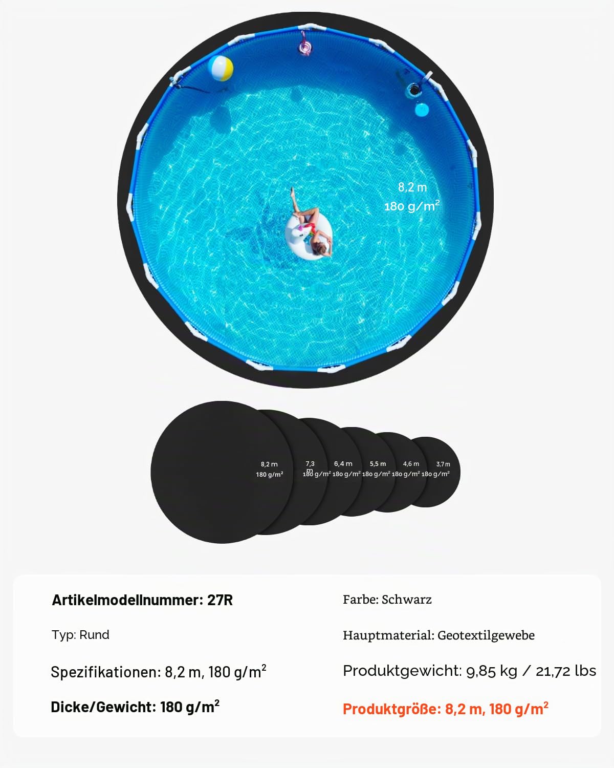 VEVOR runde Poolunterlage 8,2 m, Bodenplane für oberirdische Schwimmbecken, extra Dicke Bodenschutzplane, Bodenschutzmatte aus Geotextilmaterial, verlängert die Lebensdauer der Folie
