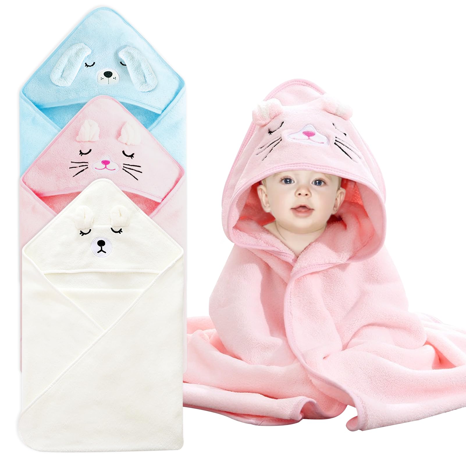 3Stück Kapuzenhandtuch Baby, 80 x 80 cm Handtücher Badetuch,Kapuzenhandtuch Weich Baby Badetuch Super saugfähig Bademantel für Babys und Kleinkinder-Weißer Bär + rosa Kaninchen + blauer Hund
