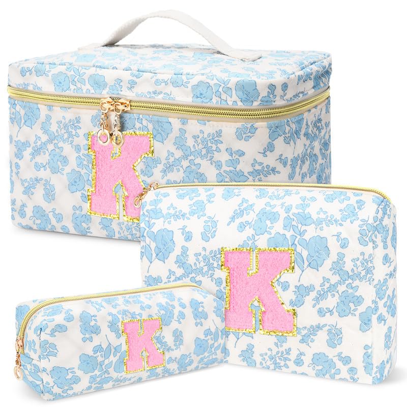3 PCS Travel Makeup Bag Set, A–Z Initials Cotton Quilted Cosmetic Bag for Women & Preppy, Personalized Toiletry Bag Travel Accessories Makeup Brushes