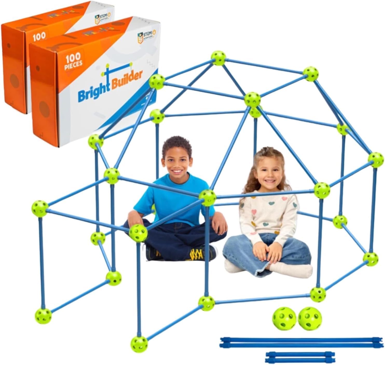 Fort Building Kit for Kids 4-8 - 200 Pieces - DIY STEM Fort Making Set for Indoor & Outdoor Play - Large Creative Construction Set for Boys & Girls - Blue & Green - Bright Builders