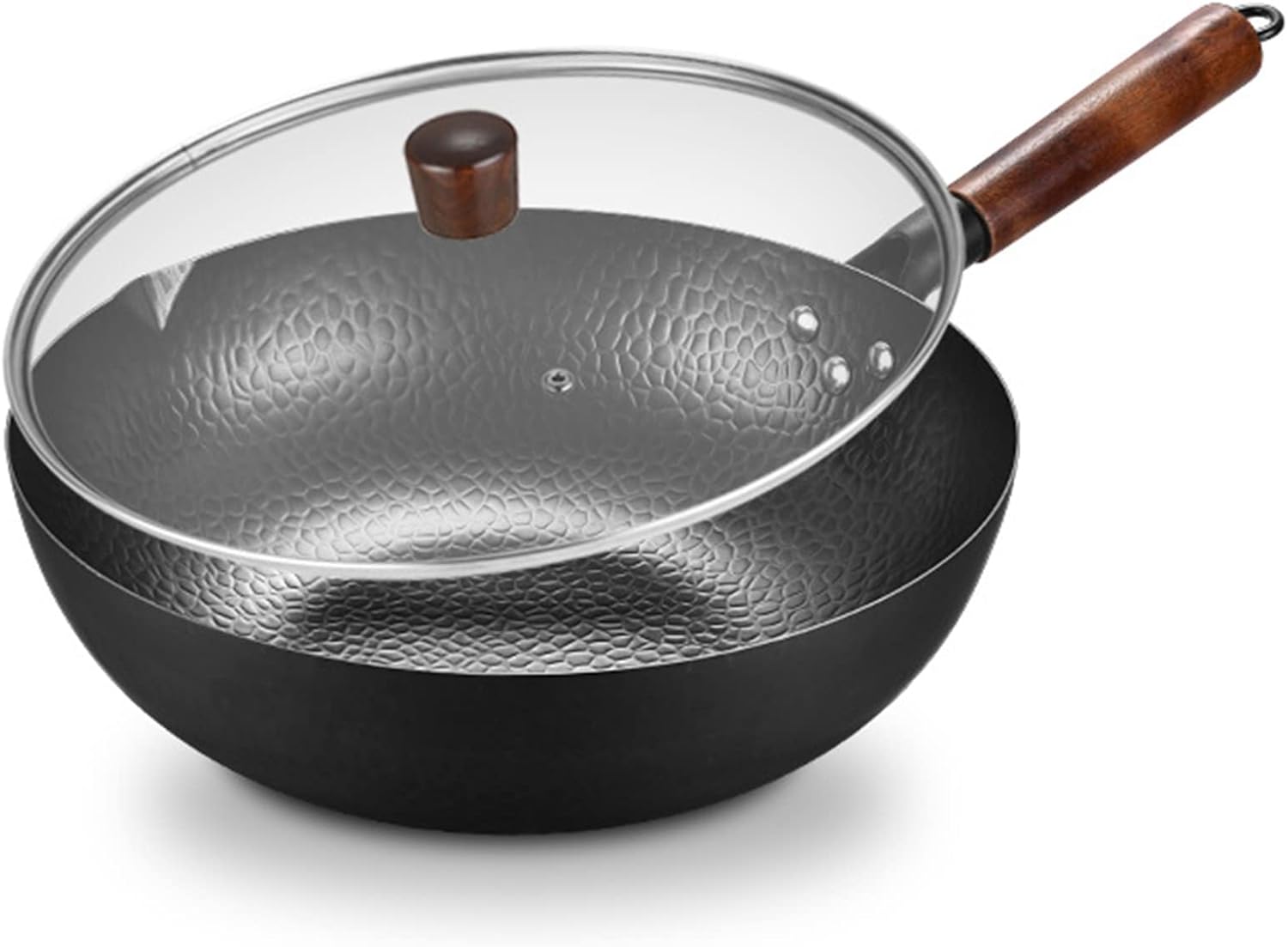 Carbon Steel Wok Pan with Lid, Stir Fry Wok, Non-Stick Flat Bottom Chinese Woks & Stir-Fry Pans for Electric, Induction, Ceramic Gas Stoves (A)