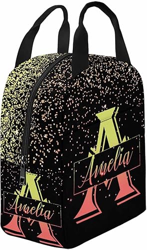 Miniatura 2 de Bolsa de almuerzo personalizada para niños con nombre, amarillo, naranja, puntos brillantes, degradado, aislada, con 2 bolsillos, bolsas de almuerzo