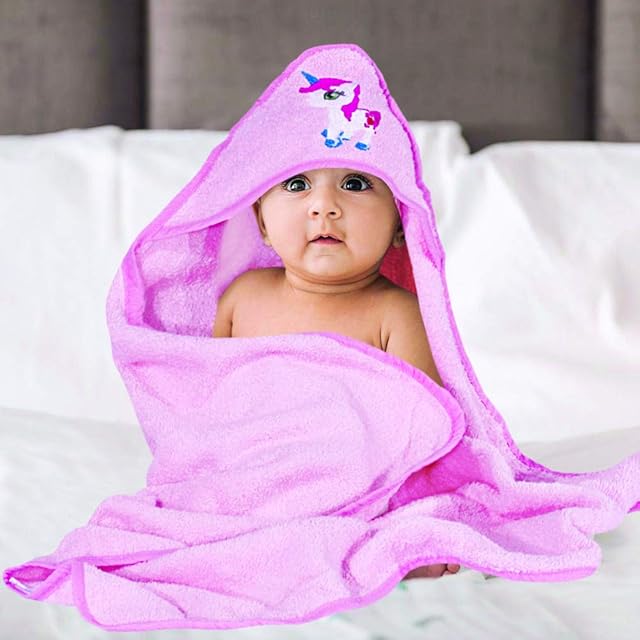 Linen Zone - Hooded Baby Towel - Unicorn Dolphin Teddy - Hooded Bath Towel for Babies, Toddlers - Baby Towel Baby Shower Girls (Baby Pink)