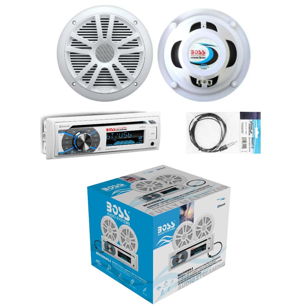 KIT SET PER BOSS AUDIO SYSTEMS MCK508WB.6, 1 kit marino con ricevitore AM/FM bluetooth waterproof, 2 altoparlanti da 16,5 cm 6,5" 90 watt rms 180 watt max e 1 dipole antenna, 1 kit